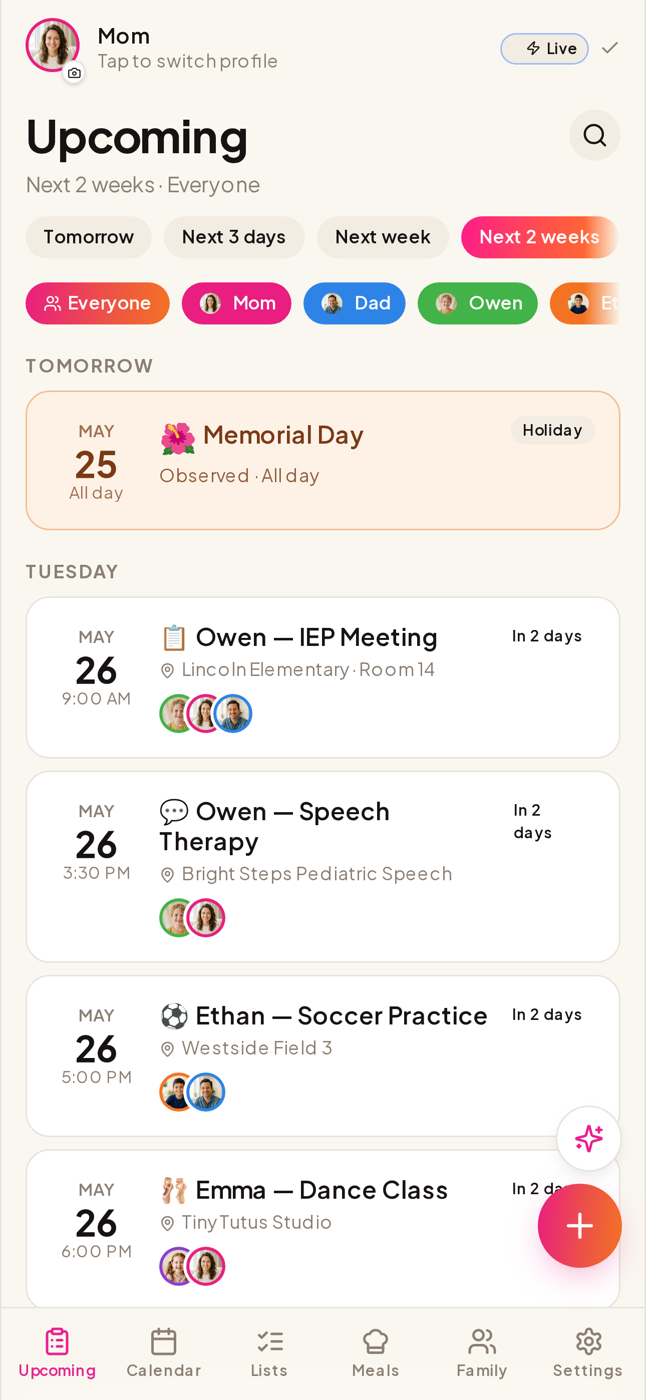 Our Life Today screen showing color-tinted family events