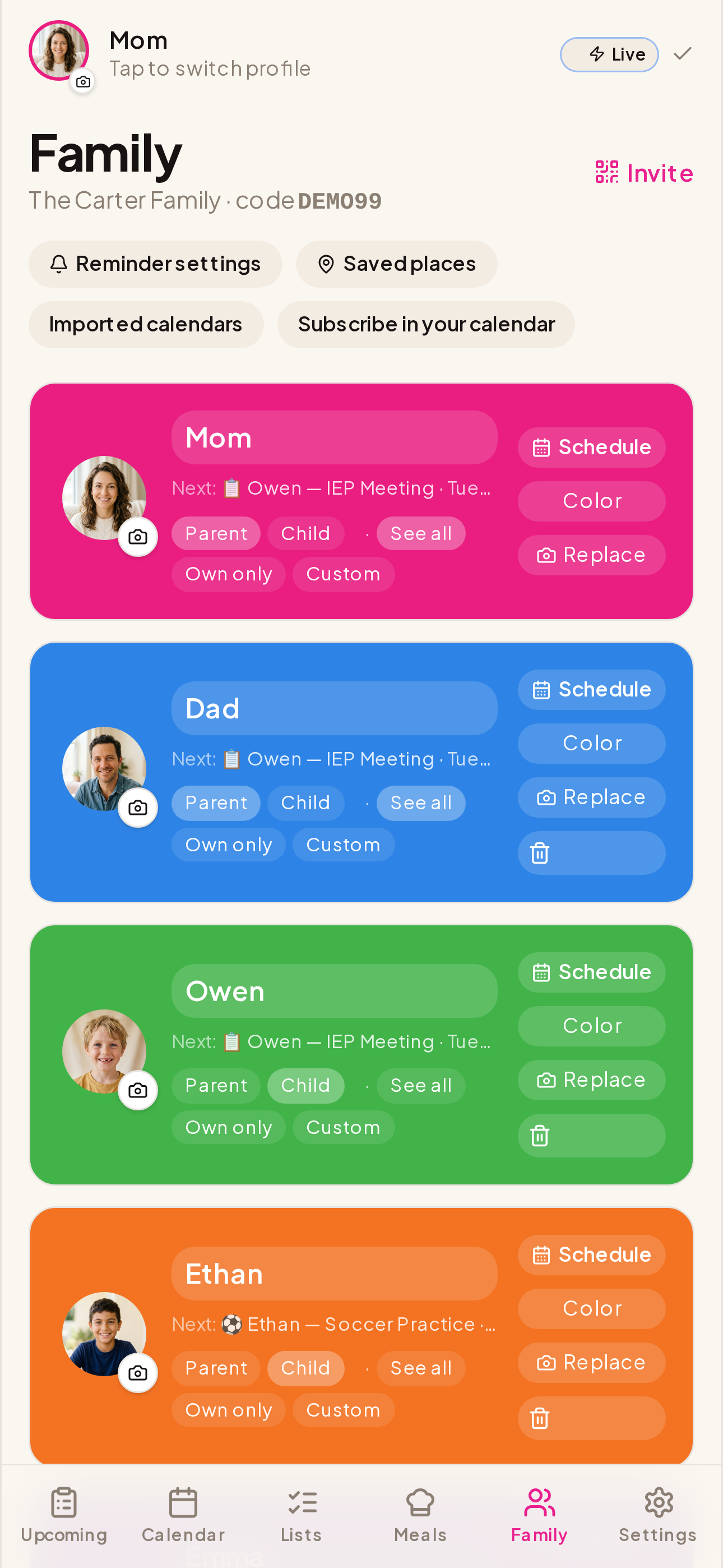 Our Life family screen with member portraits